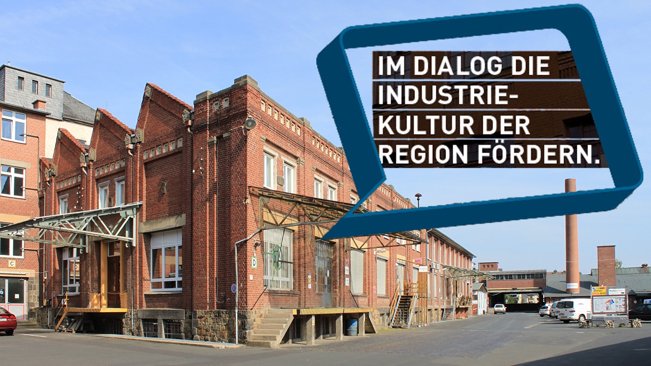 Banner mit Industriekultur-Gebäude und Beschriftung: Im Dialog die Industriekultur der Region fördern 