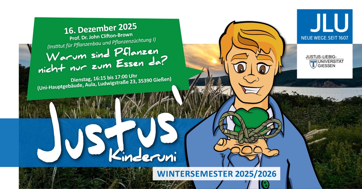 Banner mit einem Mensch und einem Faserbündel in der Hand mit Beschriftung: "Justus’ Kinderuni: Warum sind Pflanzen nicht nur zum Essen da?"