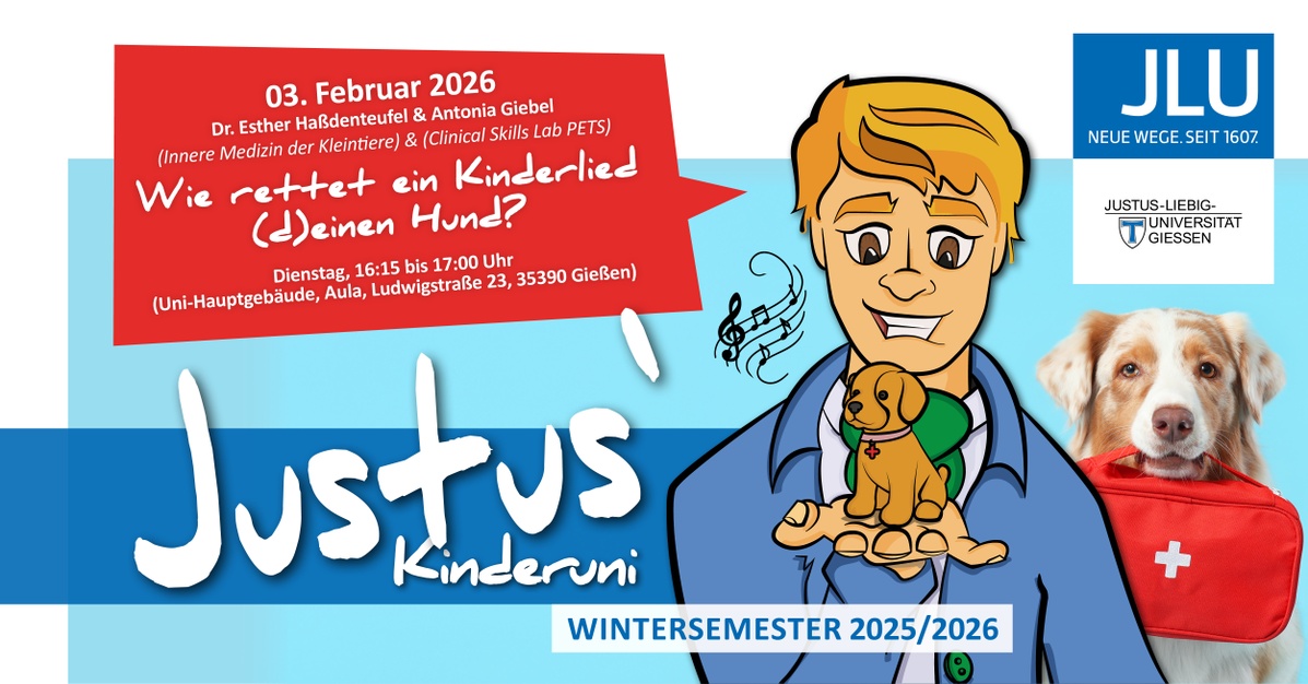 Banner mit Mensch, dem ein Hund auf der Hand sitzt mit Beschriftung: „Justus’ Kinderuni: Wie rettet ein Kinderlied (d)einen Hund?” Quelle: Justus-Liebig-Universität Gißen