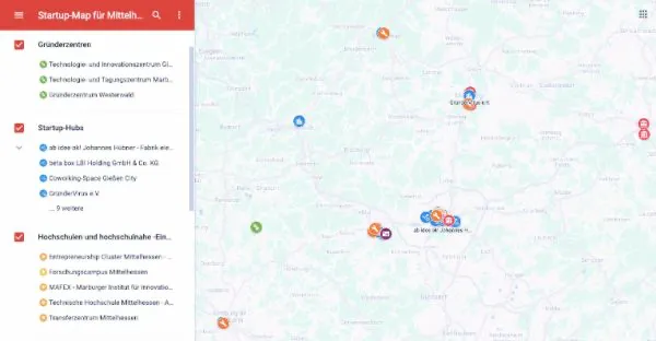 Die interaktive Startup-Map bietet auf einen Blick die Standorte der Technologie- und Gründerzentren sowie eine Übersicht der Co-working-Spaces in Mittelhessen. (Quelle: eigene Darstellung)
