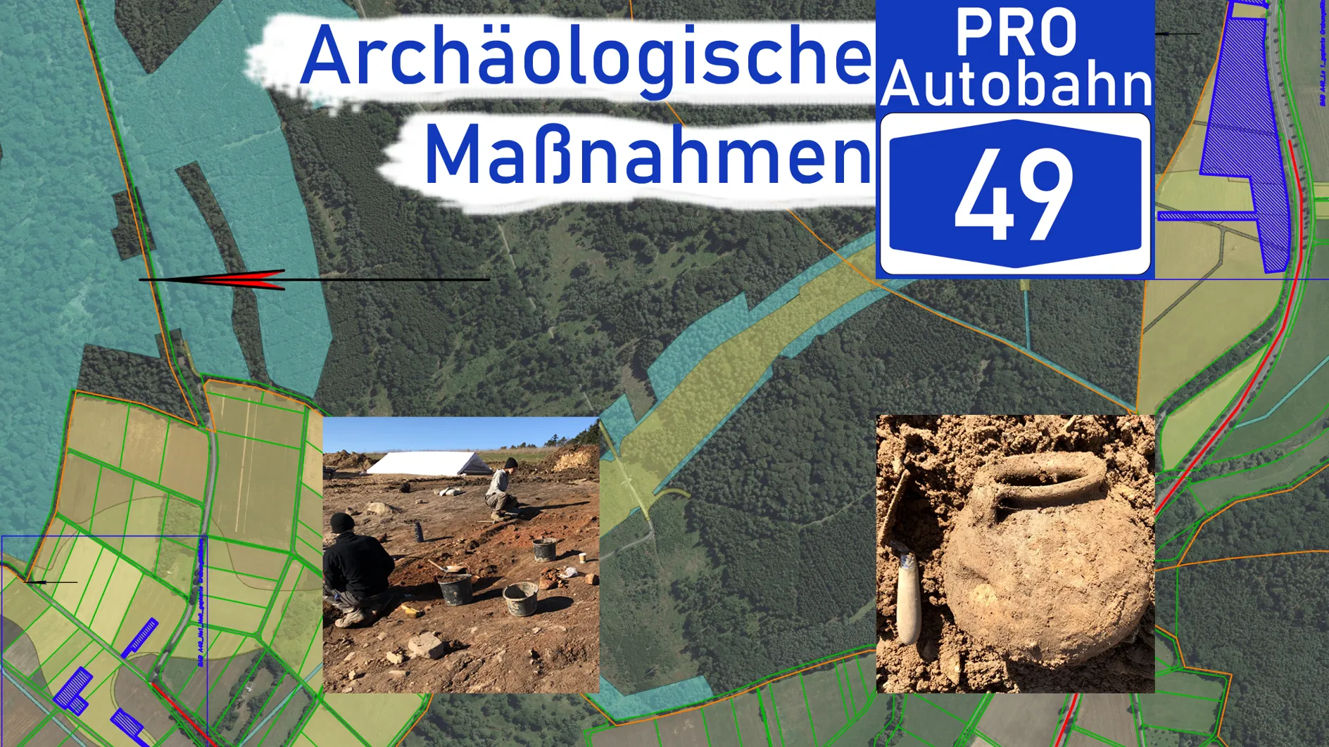 Hier wurde getöpfert: die Grabungfslächen (blau) bei Niederklein, die Grabungen und ein mittelalterlicher Kugeltopf mit Fehler vom Brand (Fotos: Dr. Franka Schwellnus, Wissenschaftliche Baugrund-Archäologie e.V.)