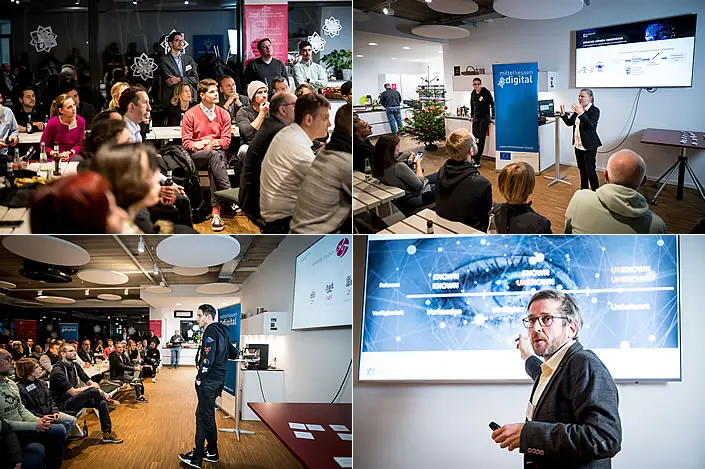 Künstliche Intelligenz für den Mittelstand im Fokus: Dr. Olena Linnyk (oben rechts), Ingolf Teetz (unten links) und Oliver Bracht (unten rechts) (Foto: Tilman Lochmüller)