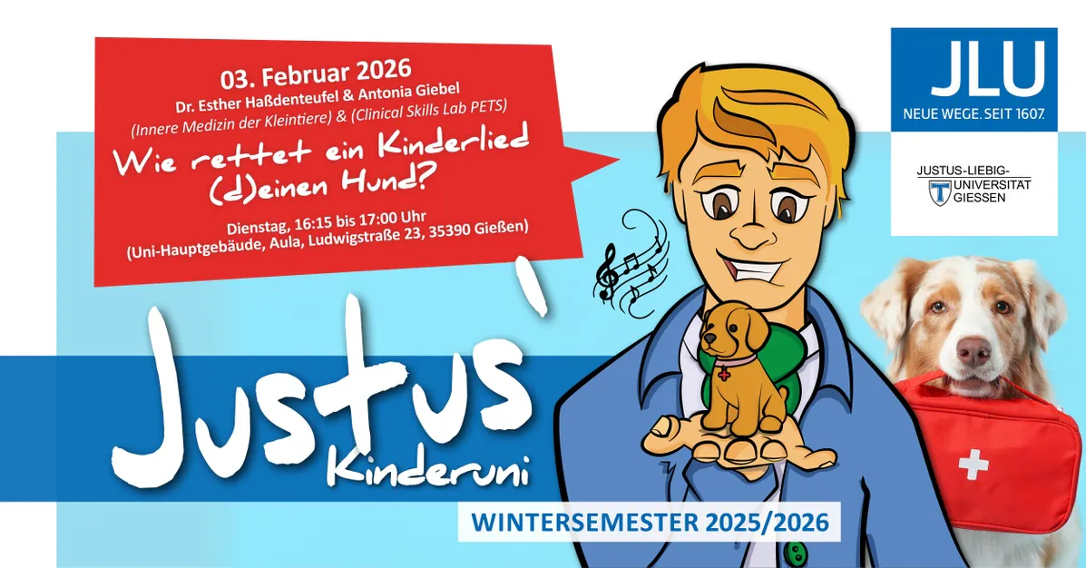 Banner mit Mensch, dem ein Hund auf der Hand sitzt mit Beschriftung: „Justus’ Kinderuni: Wie rettet ein Kinderlied (d)einen Hund?” Quelle: Justus-Liebig-Universität Gißen